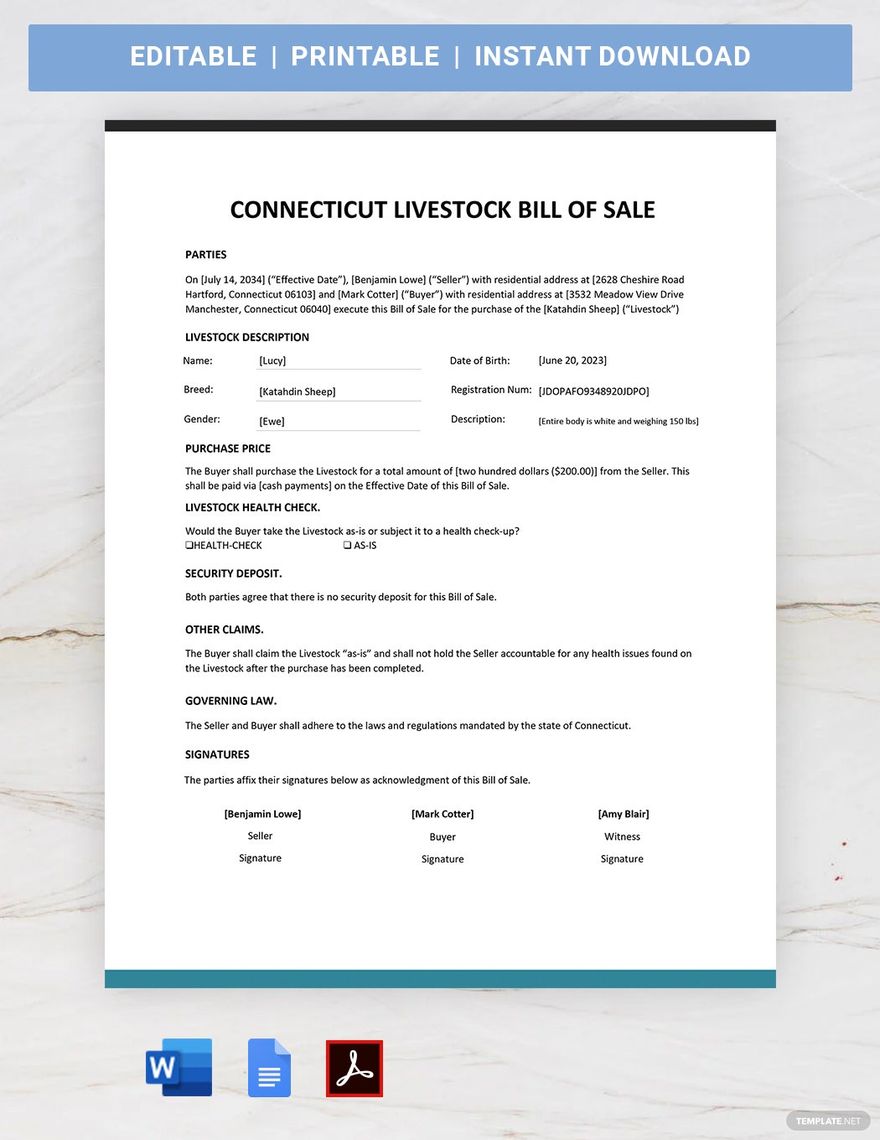 Connecticut Livestock Bill of Sale Template in Word, Google Docs, PDF, Apple Pages