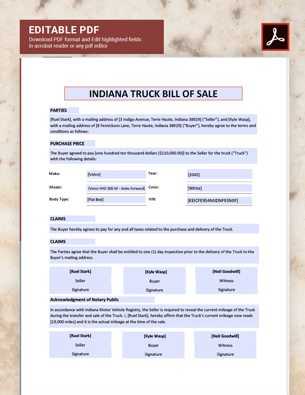 Indiana Truck Bill of Sale Template