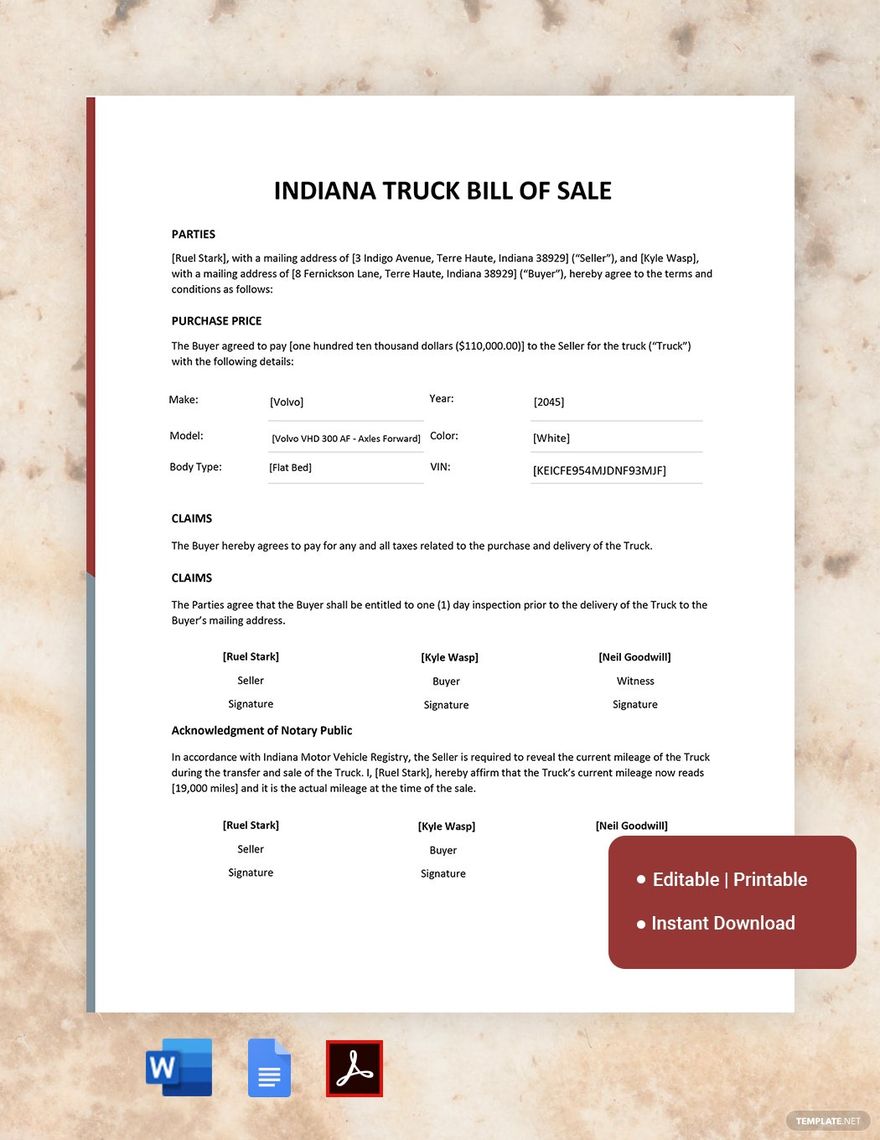 Indiana Truck Bill of Sale Template in Word, Google Docs, PDF, Apple Pages