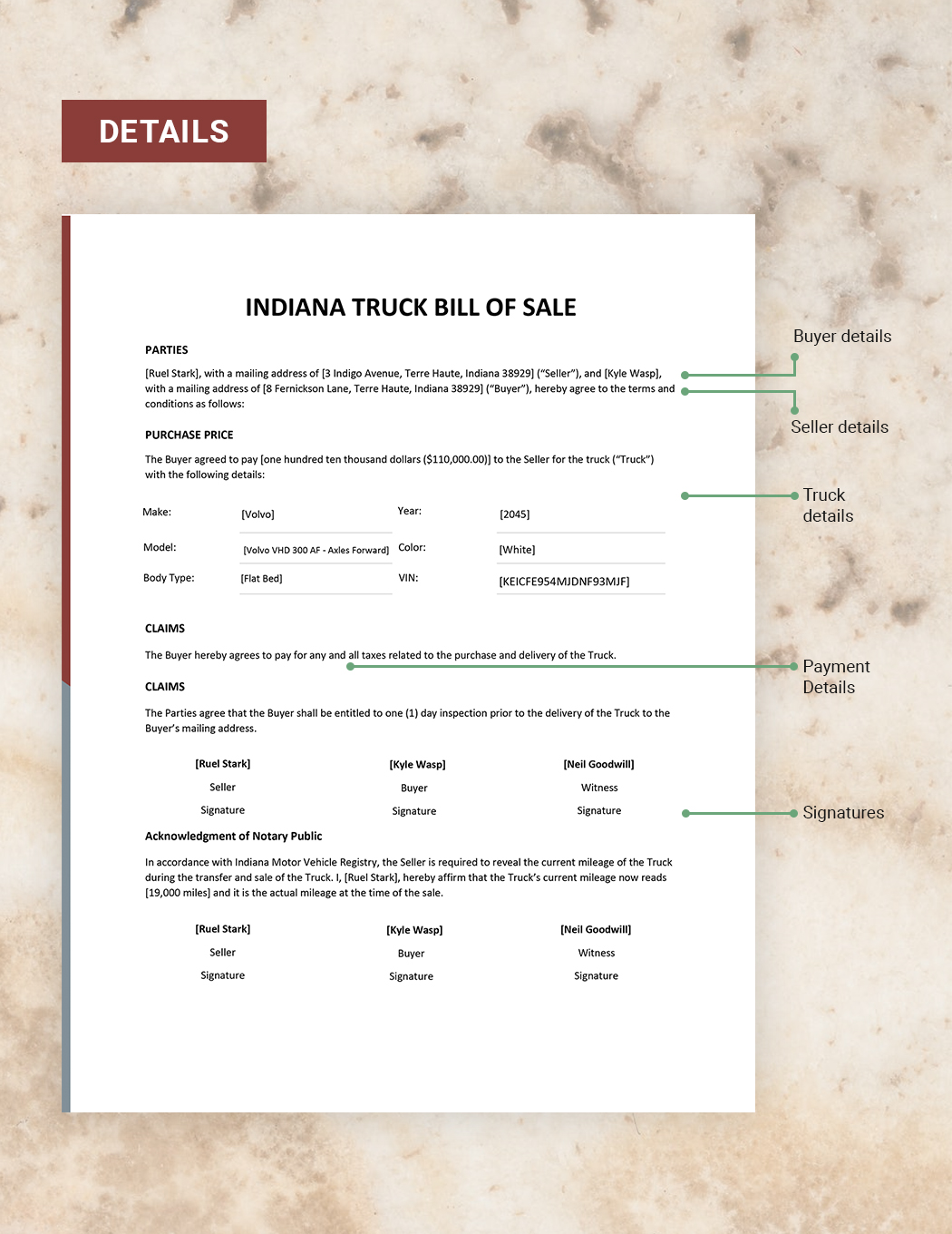 Indiana Truck Bill of Sale Template