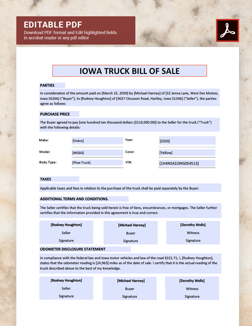 Iowa Truck Bill of Sale Template