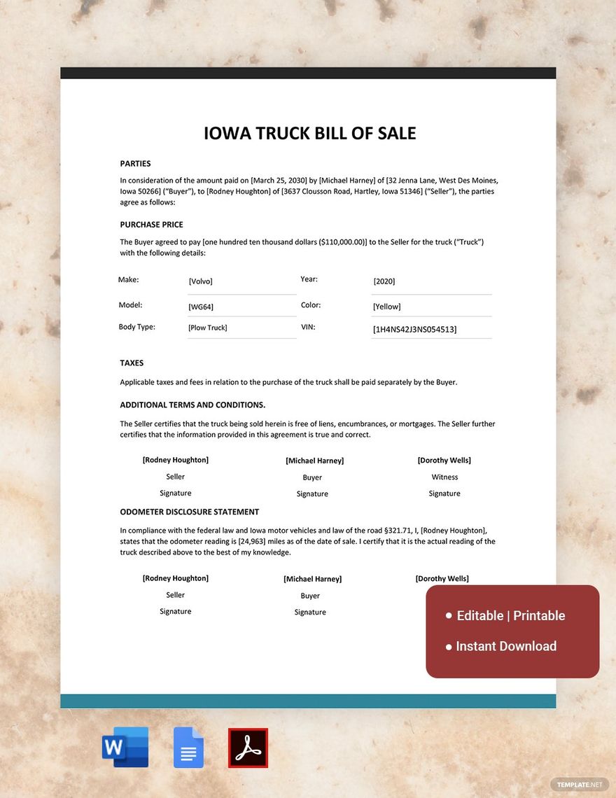 Iowa Truck Bill of Sale Template in Word, Google Docs, PDF, Apple Pages