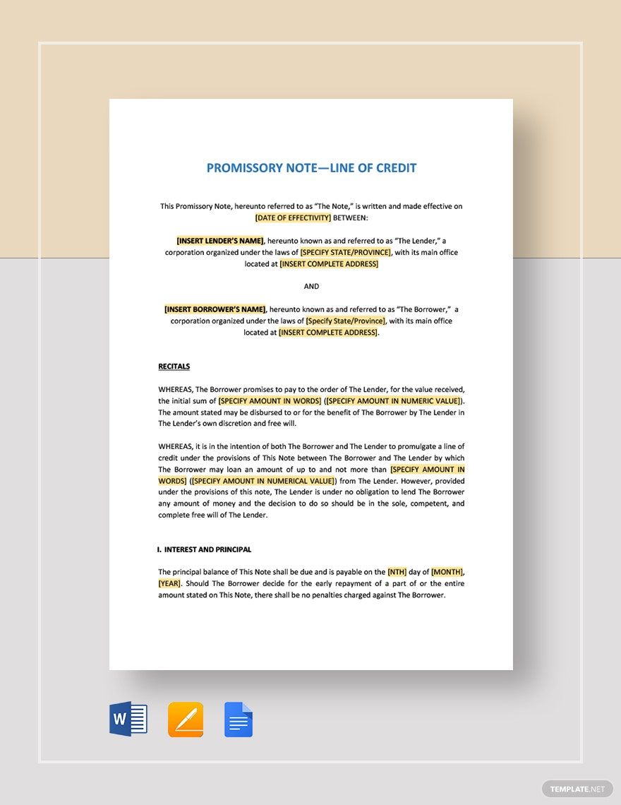 Promissory Note Line of Credit Template in Word, Pages, Google Docs - Download | Template.net