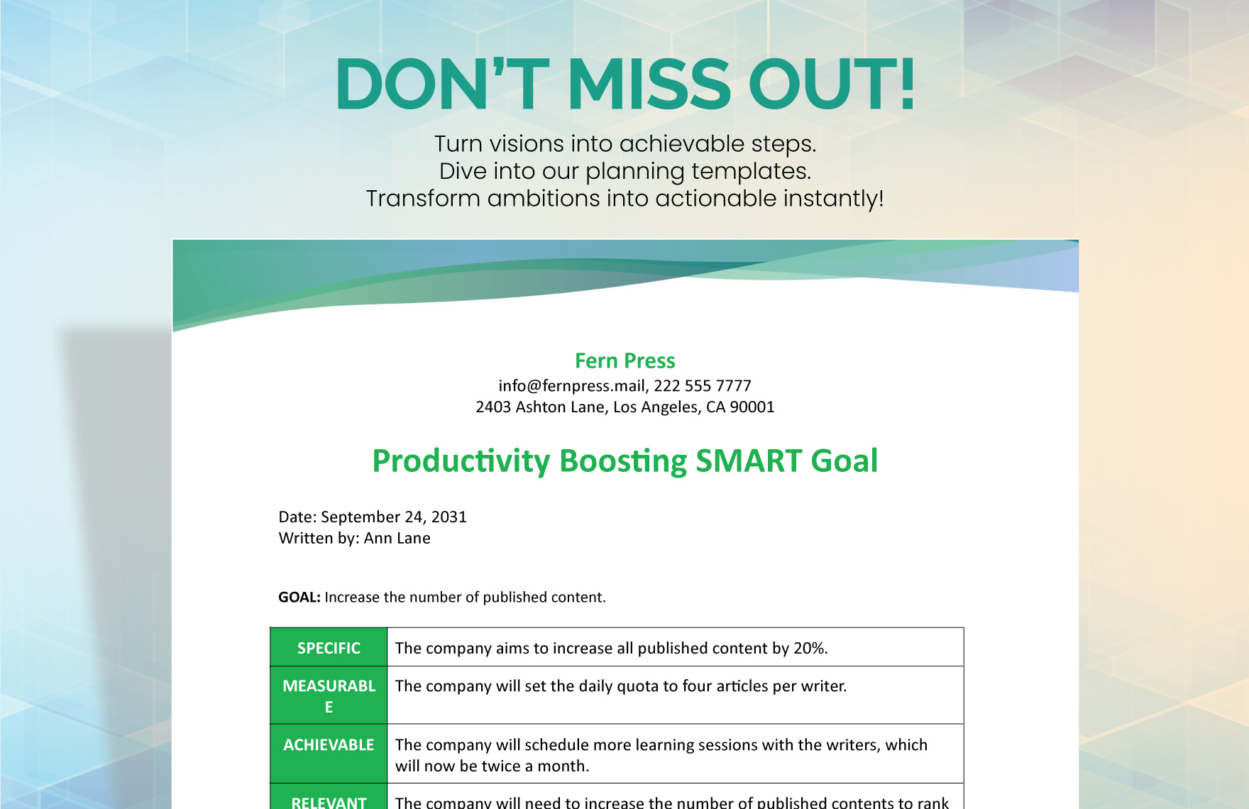 Productivity Boosting Smart Goals Template