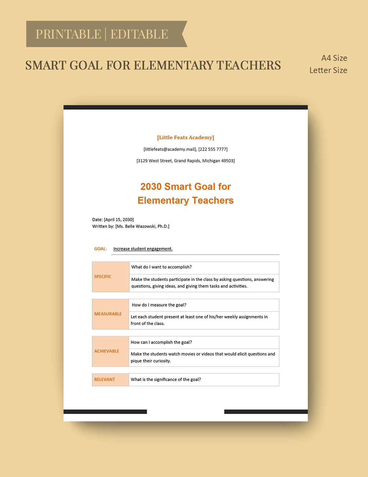 Smart Goals for Elementary Teachers Sample Template Google Docs