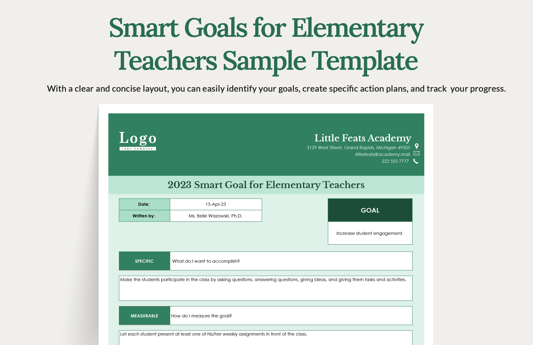 Smart Goals for Elementary Teachers Sample Template