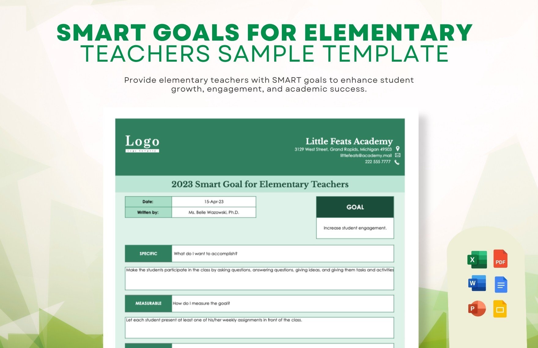 Smart Goals for Elementary Teachers Sample Template in Word, Google Docs, Excel, PDF, Google Sheets, PowerPoint, Google Slides