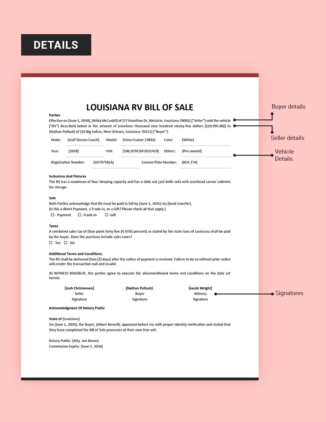 Louisiana RV Bill of Sale Form Template