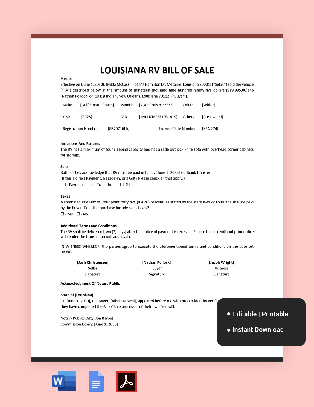 Free Louisiana RV Bill Of Sale Form Template Google Docs Word PDF 