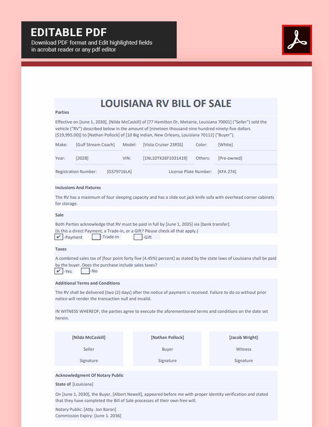Louisiana RV Bill of Sale Form Template