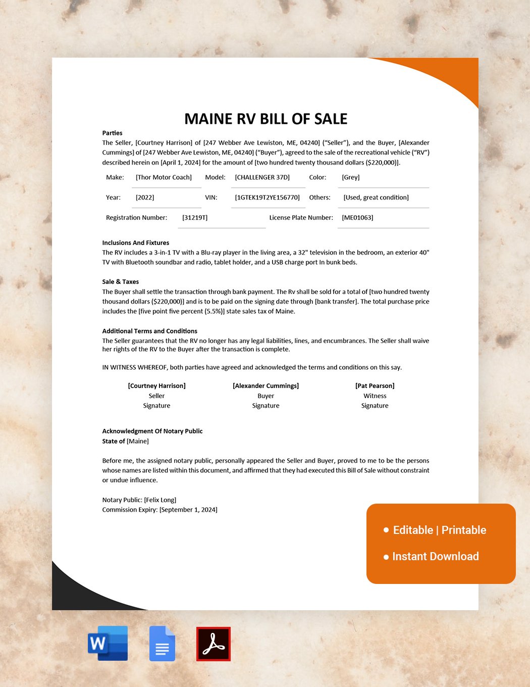 Maine RV Bill of Sale Template