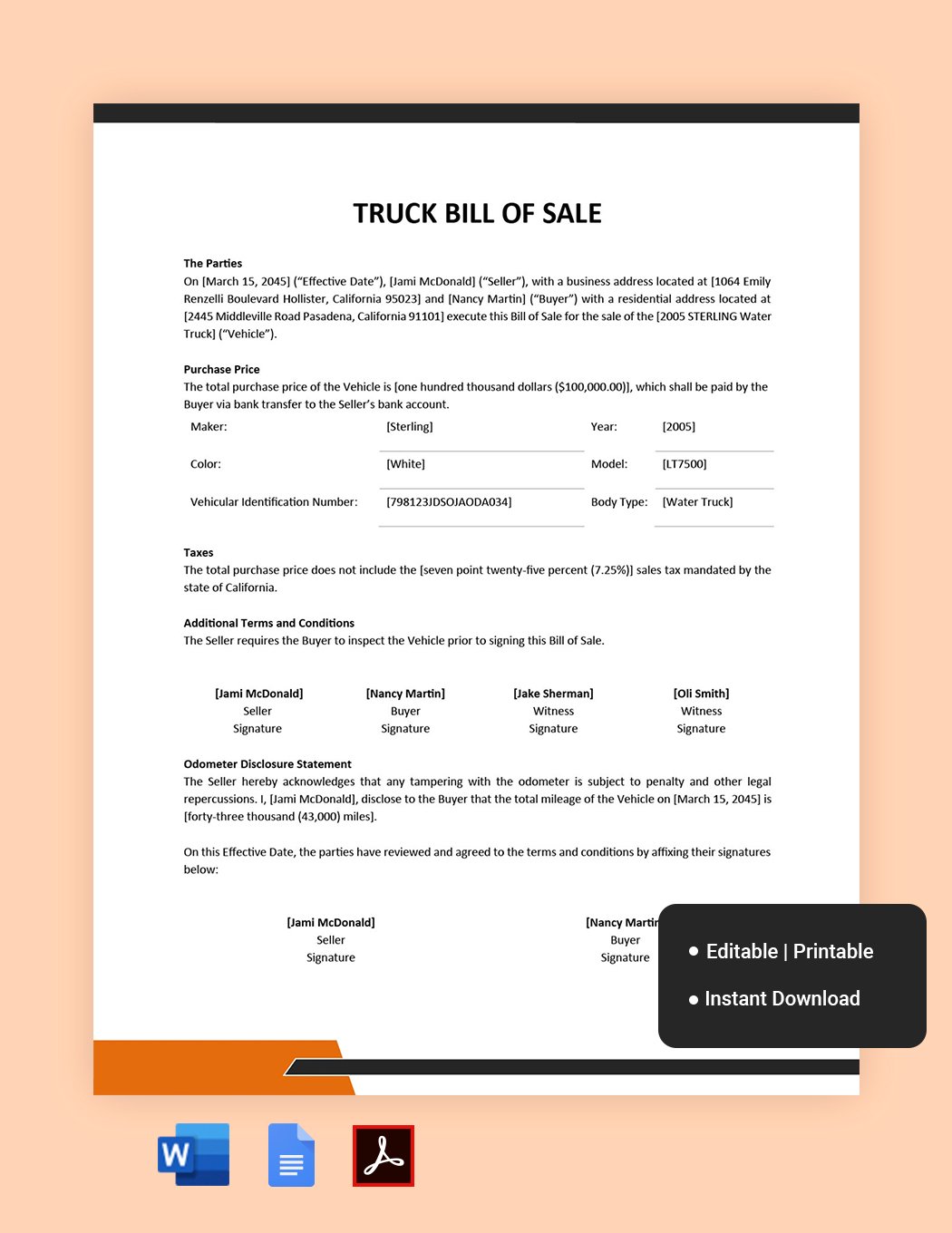 Truck Bill of Sale Template in Word, Google Docs, PDF, Apple Pages