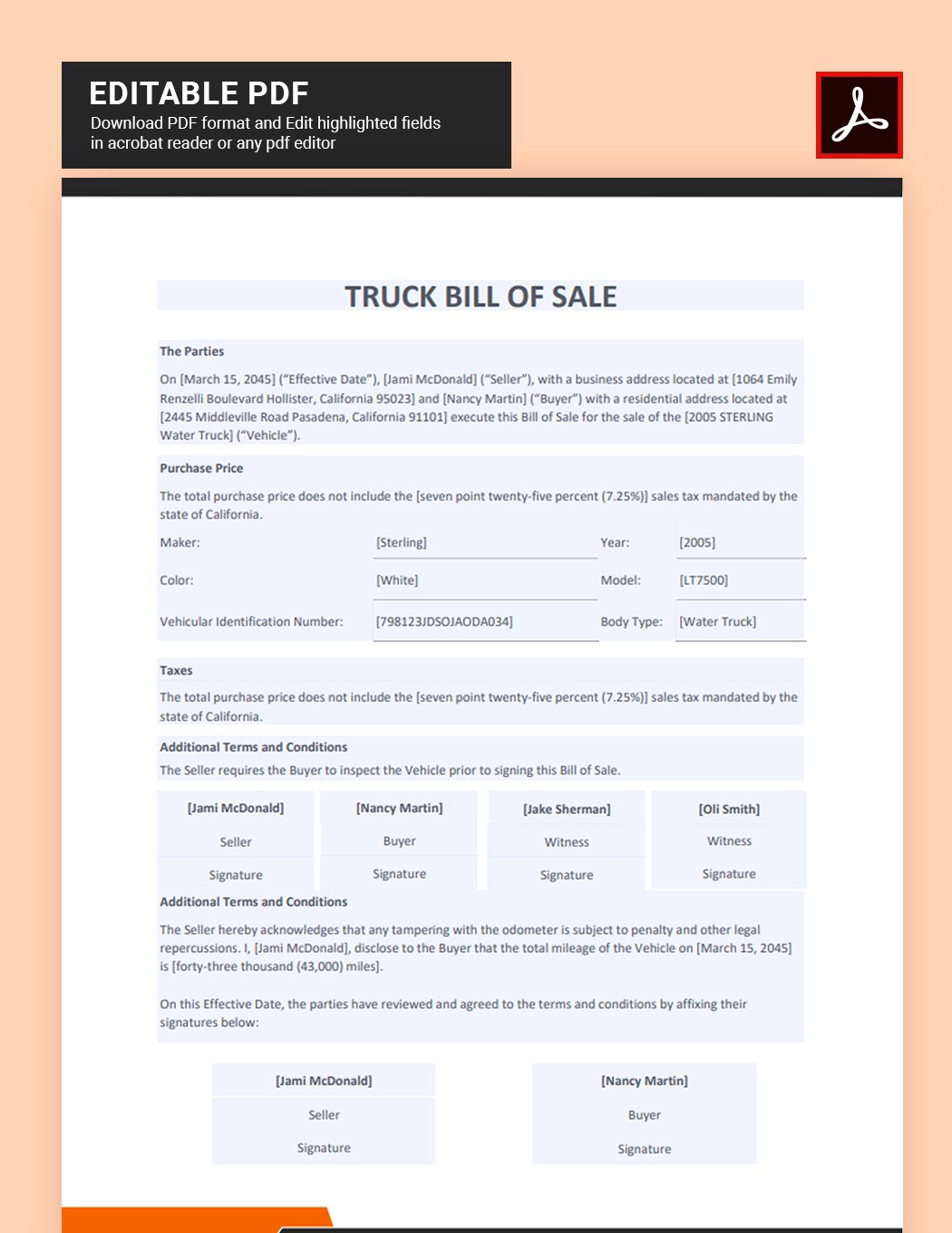 Truck Bill of Sale Template