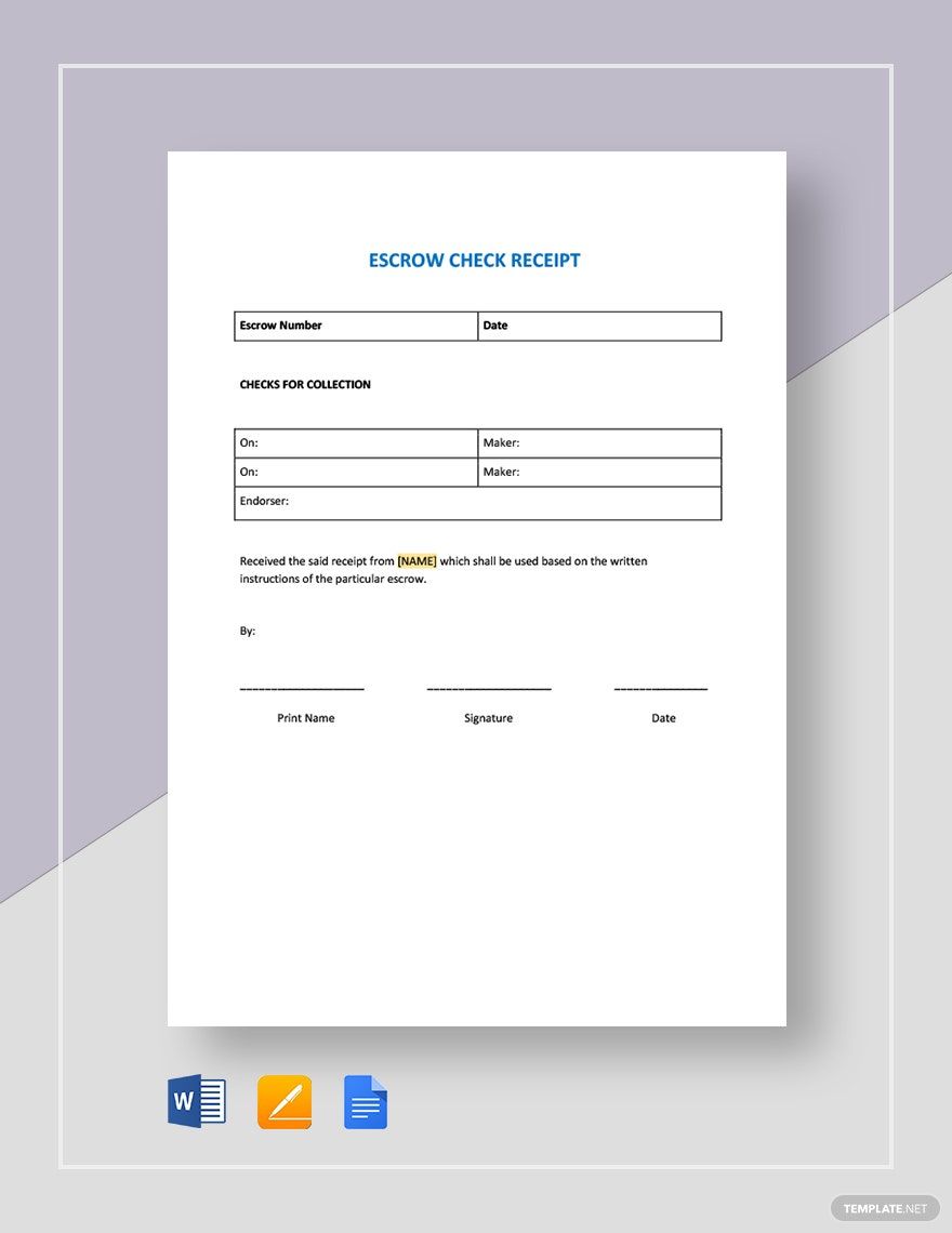 Escrow Check Receipt Template in Google Sheets, Pages, Word, Google Docs - Download | Template.net