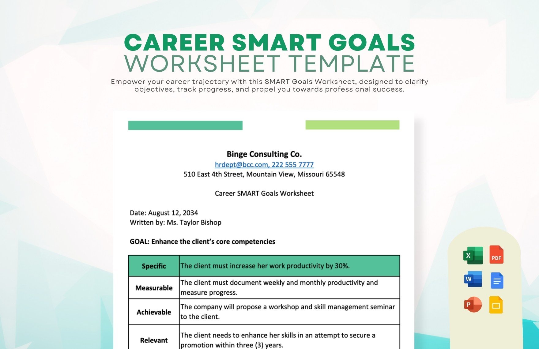 Career Smart Goals Worksheet Template in Word, Google Docs, Excel, PDF, PowerPoint, Google Slides
