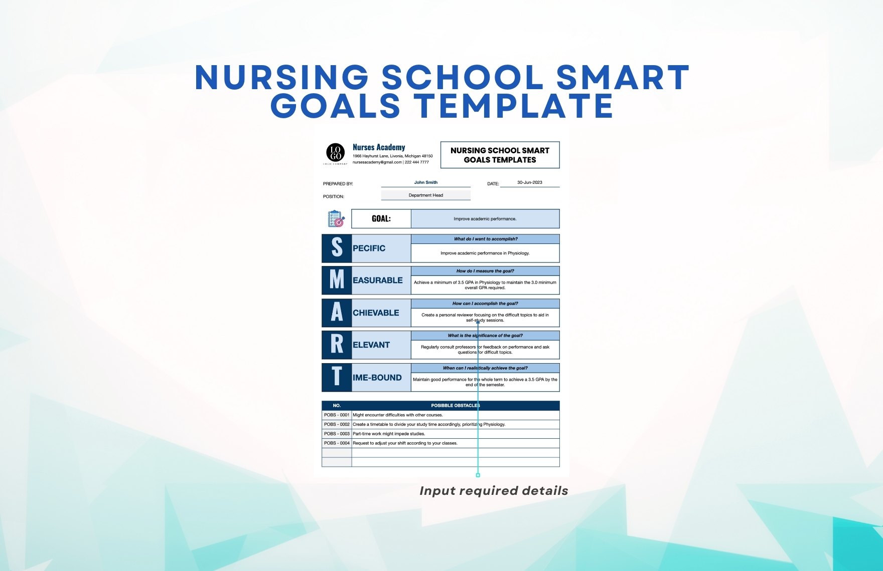 Nursing School Smart Goals Template