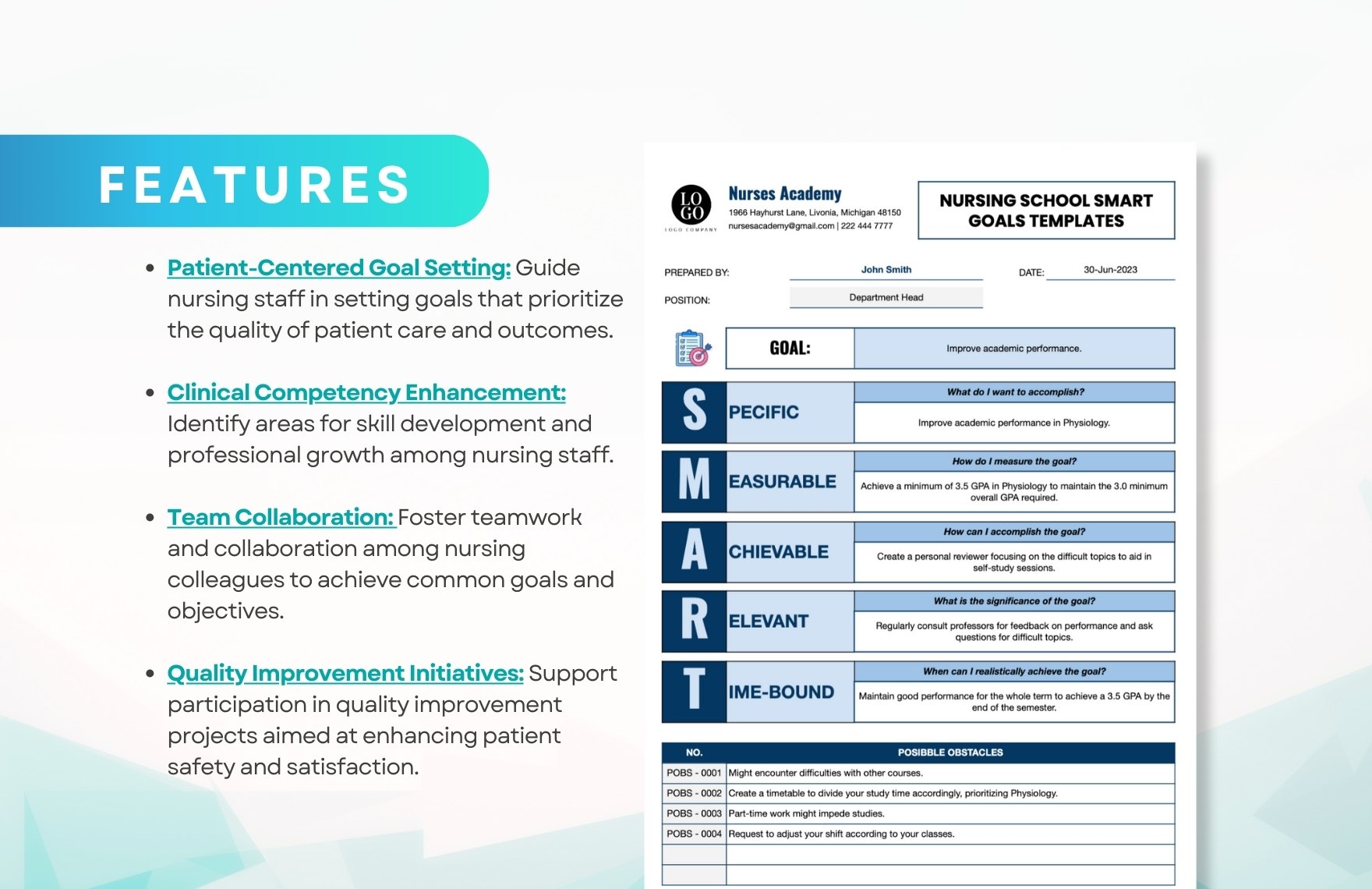 Nursing School Smart Goals Template