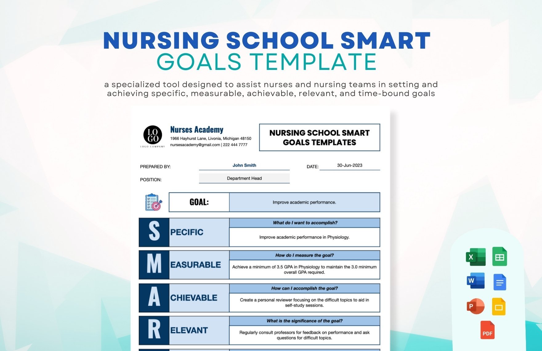 Nursing School Smart Goals Template in Word, Google Docs, Excel, PDF, Google Sheets, PowerPoint, Google Slides