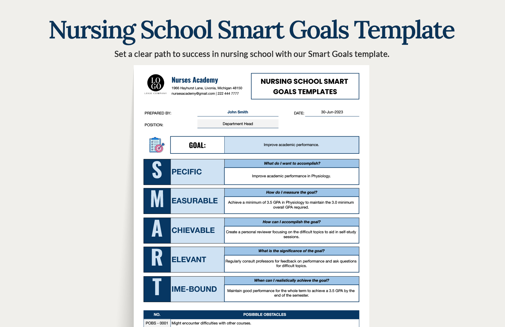 FREE Nursing Smart Goal Template - Download in Word, Google Docs