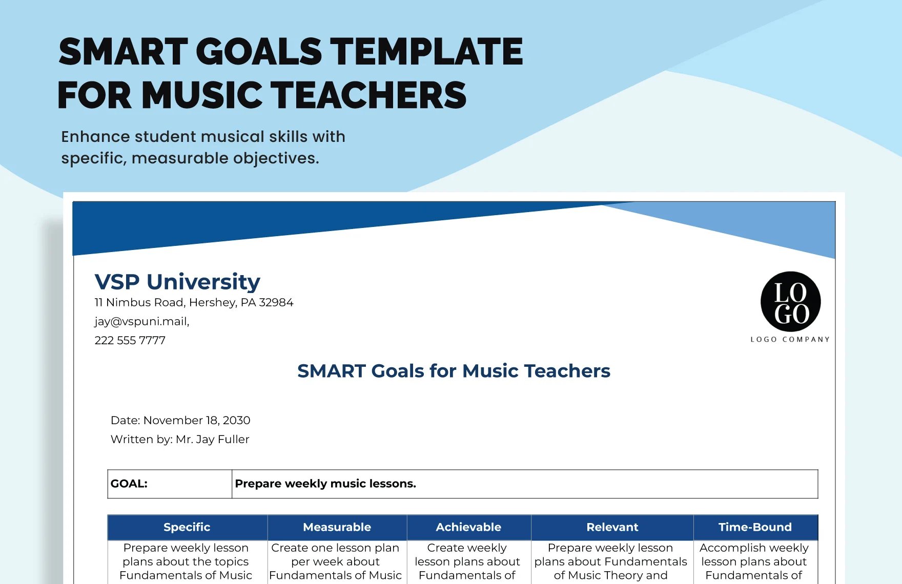 Free Smart Goals Template For Music Teachers in Word, Google Docs, Excel, PDF, Google Sheets, PowerPoint, Google Slides