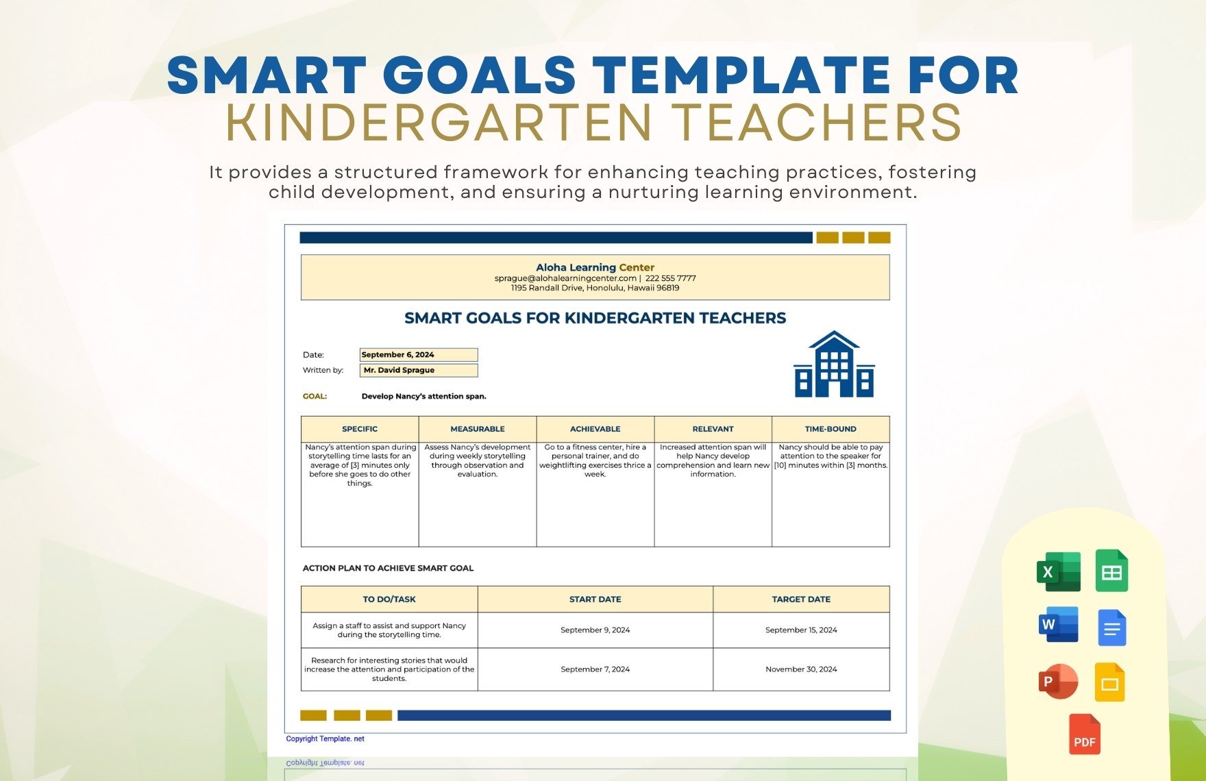 Smart Goals Template for Kindergarten Teachers in Word, Google Docs, Excel, PDF, Google Sheets, PowerPoint, Google Slides