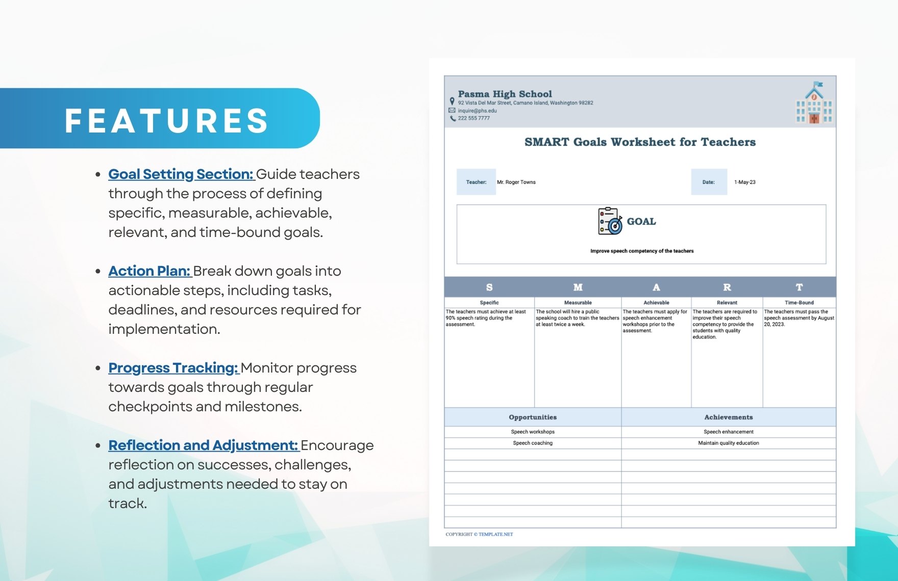 Smart Goals Worksheet Template for Teachers