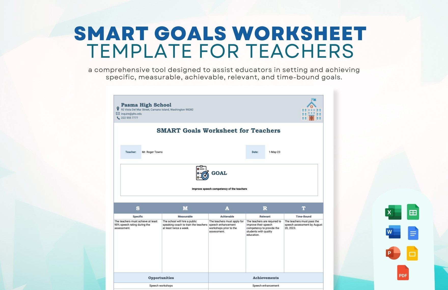 Smart Goals Worksheet Template for Teachers in Word, Google Docs, Excel, PDF, Google Sheets, PowerPoint, Google Slides