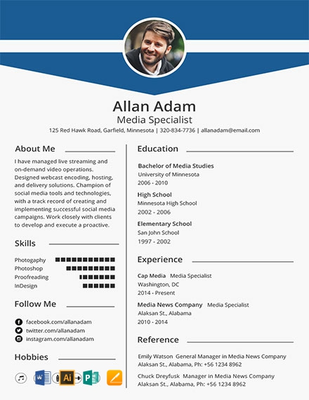 Media Resume Template - Illustrator, Word, Apple Pages, Publisher