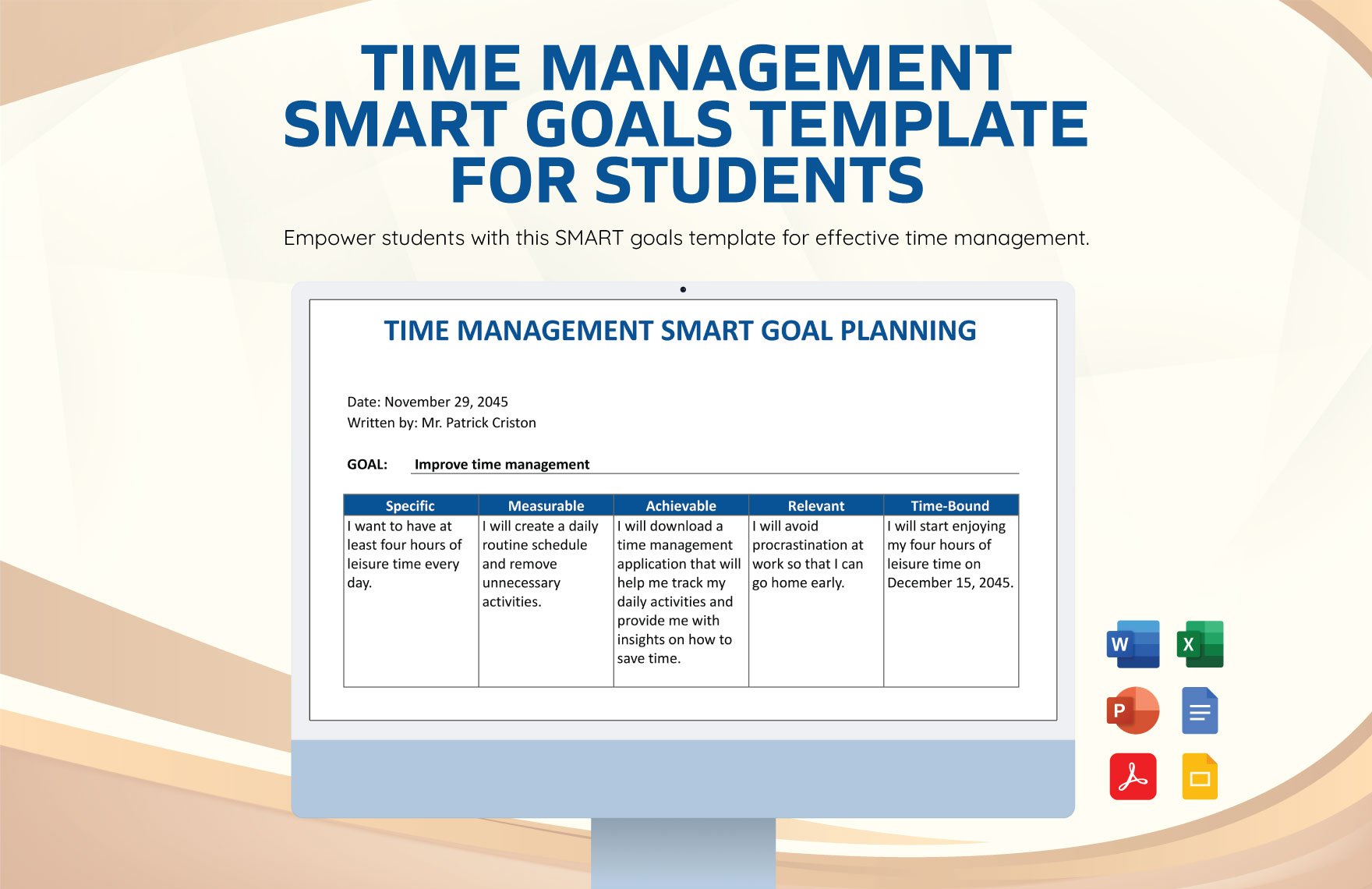 Time Management Smart Goals Template for Students in Word, Google Docs, Excel, PDF, PowerPoint, Google Slides