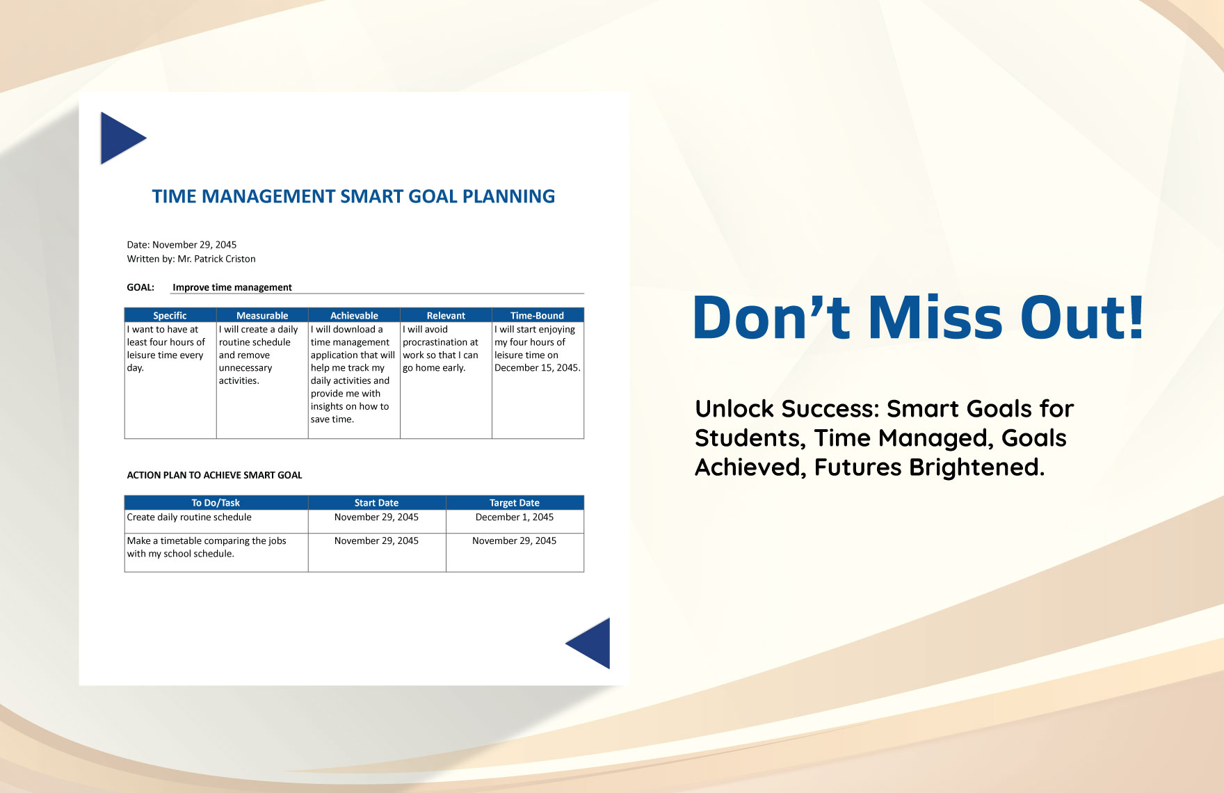 Time Management Smart Goals Template for Students