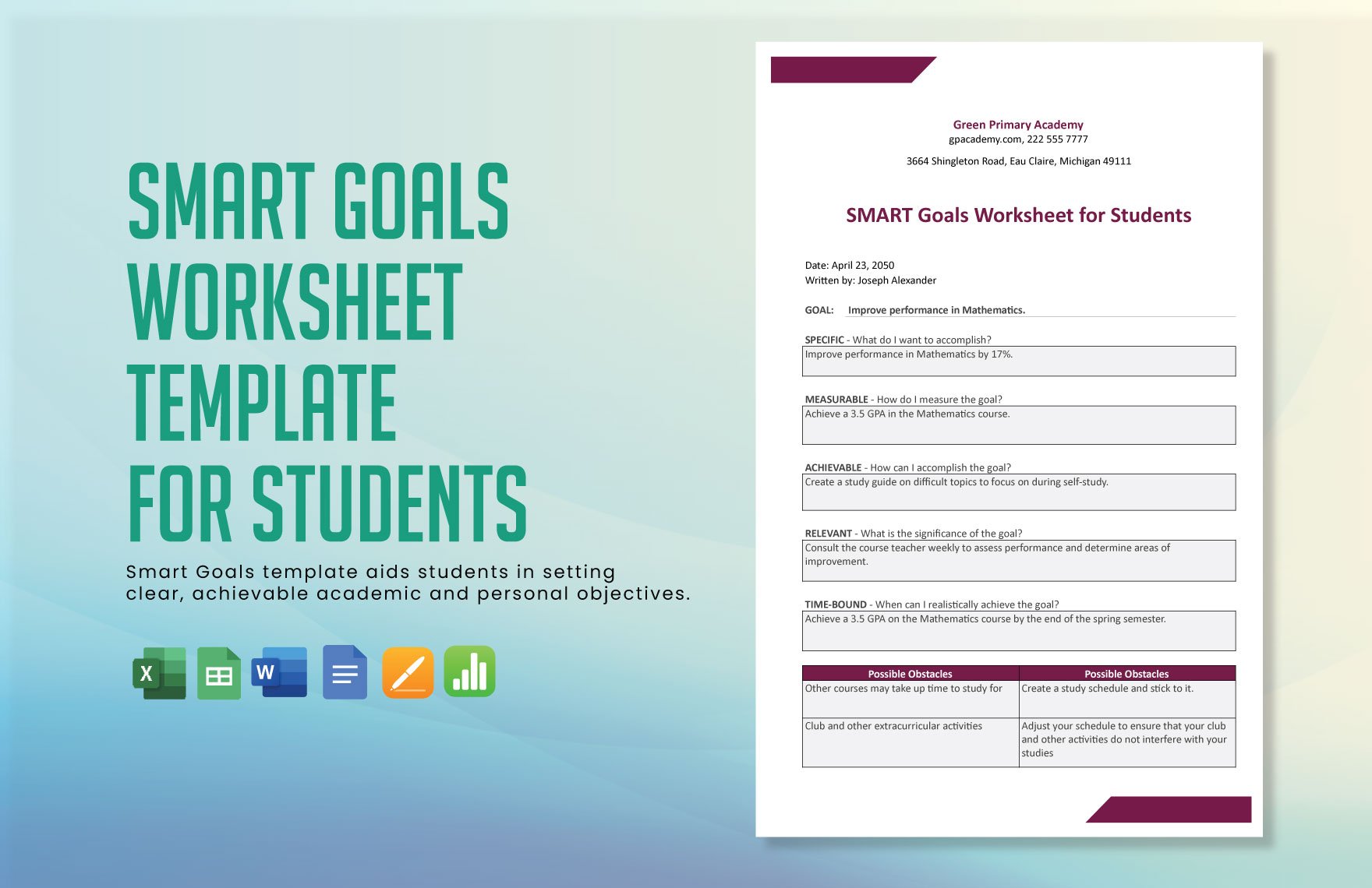 Smart Goals Worksheet Template for Students
