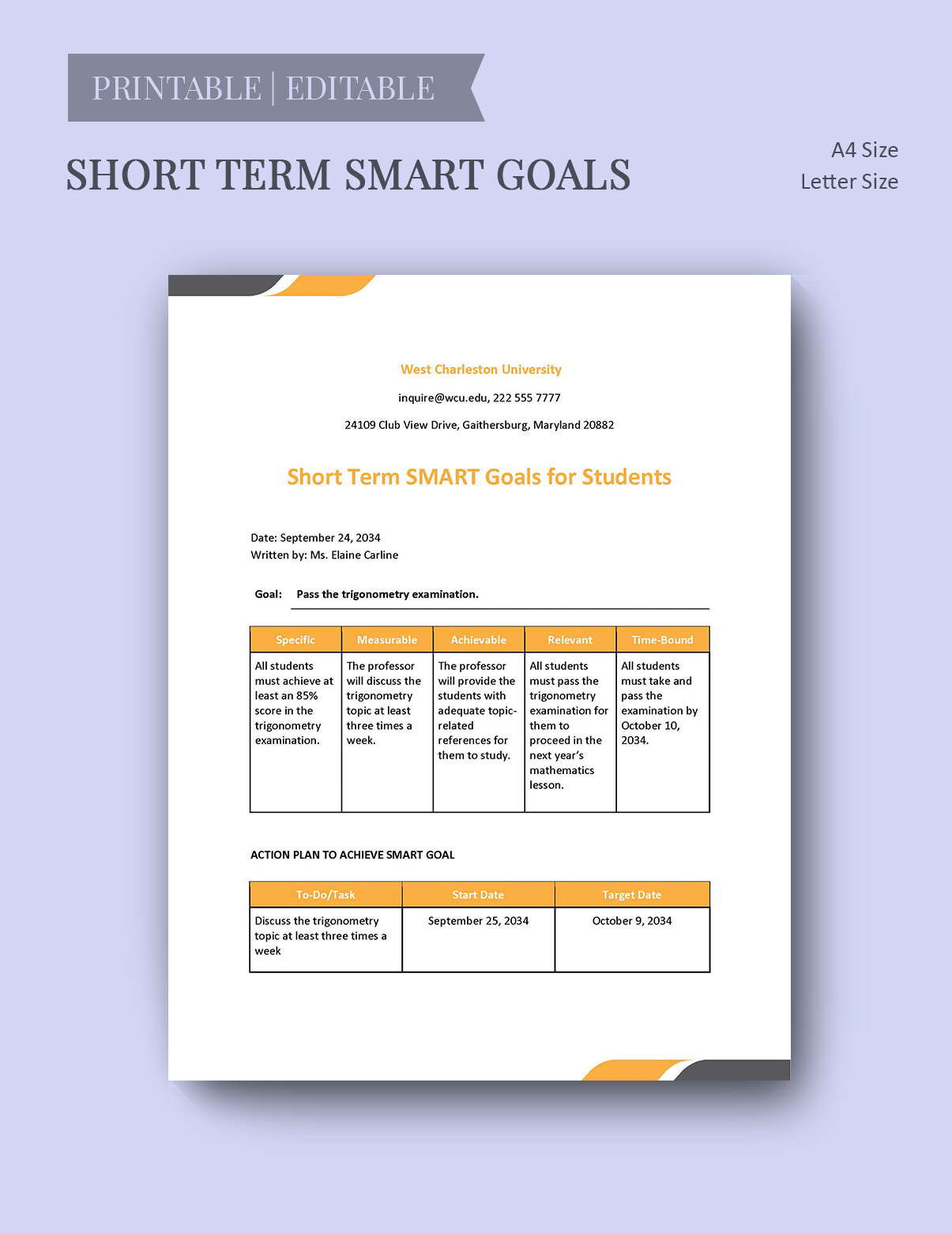 Short Term Smart Goals Template for Students