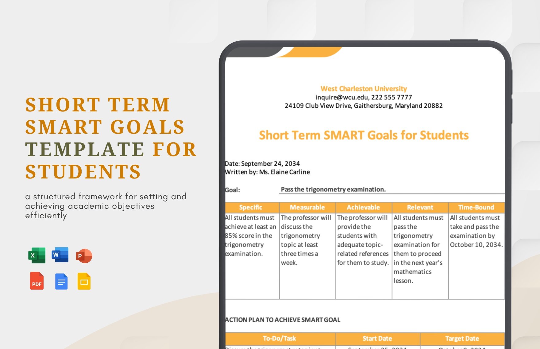 Short Term Smart Goals Template for Students