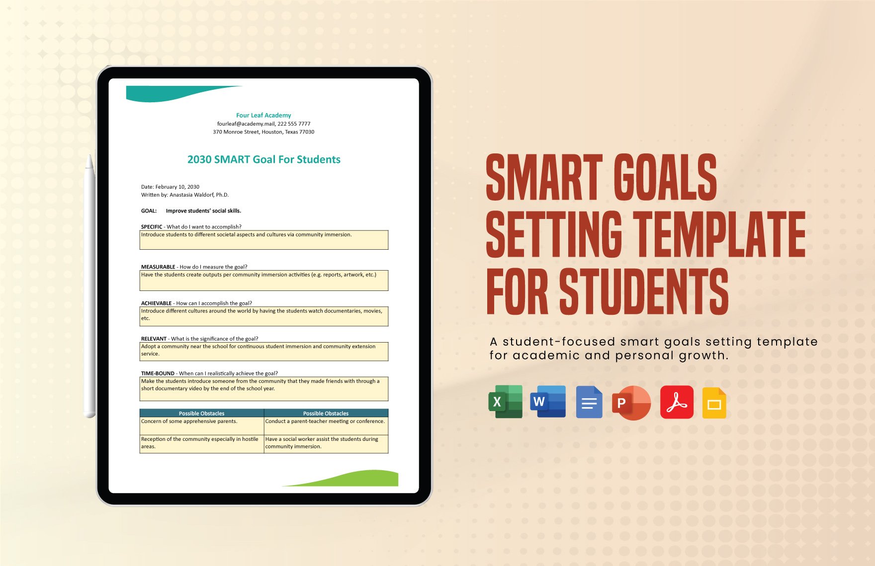 Smart Goals Setting Template for Students in Word, Google Docs, Excel, PDF, PowerPoint, Google Slides