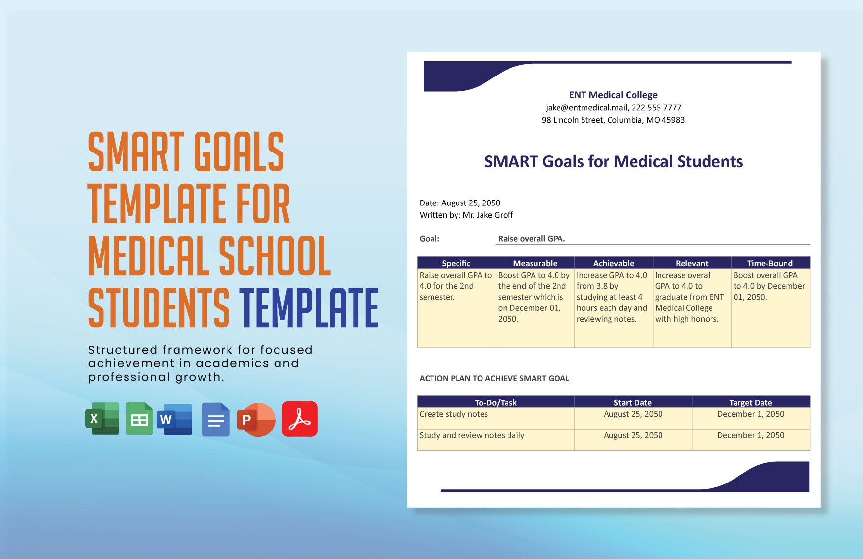 Smart Goals Template for Medical Students