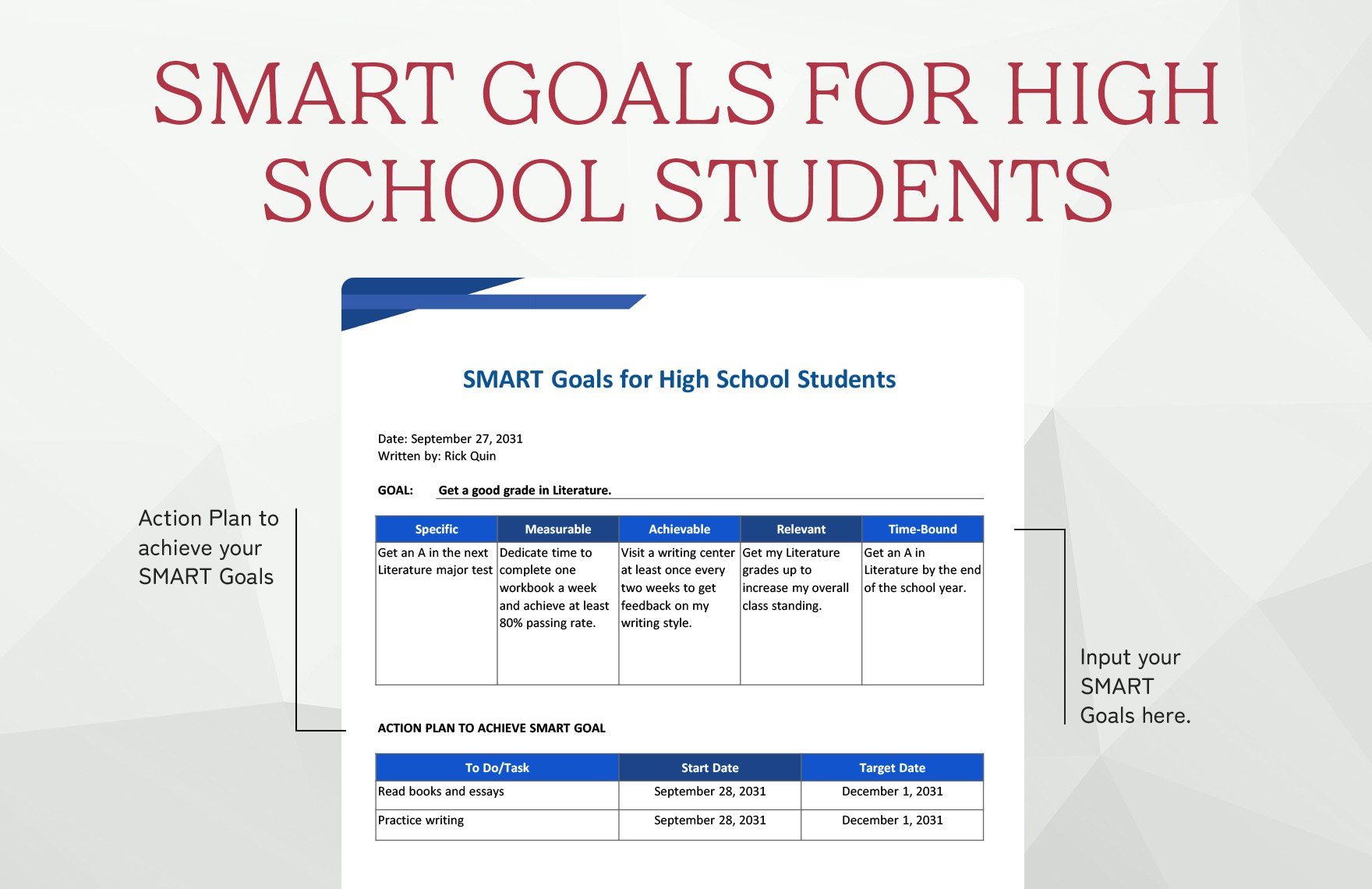 Smart Goals Template for High School Students