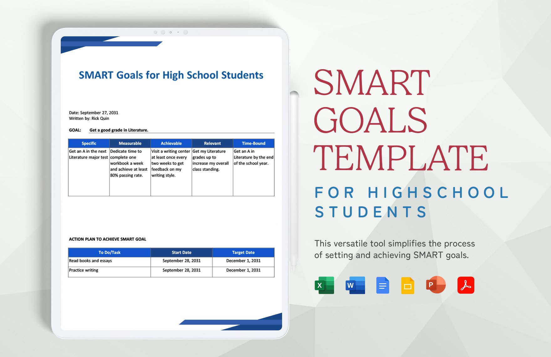 Smart Goals Template for High School Students in Word, Google Docs, Excel, PDF, PowerPoint, Google Slides
