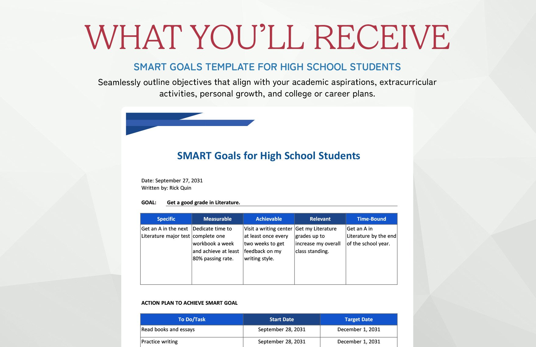 Smart Goals Template for High School Students