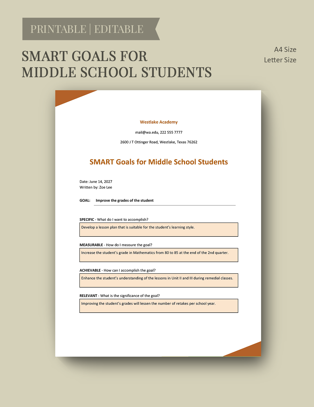 Free Smart Goals Template For Middle School Students Google Docs