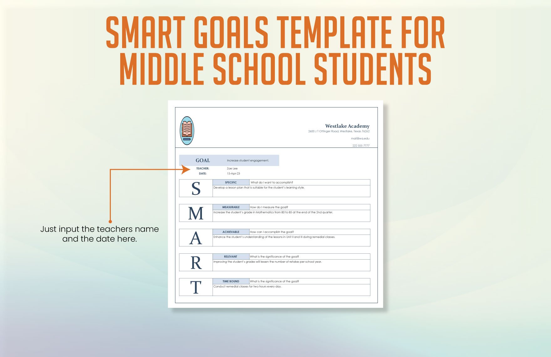 Smart Goals Template for Middle School Students