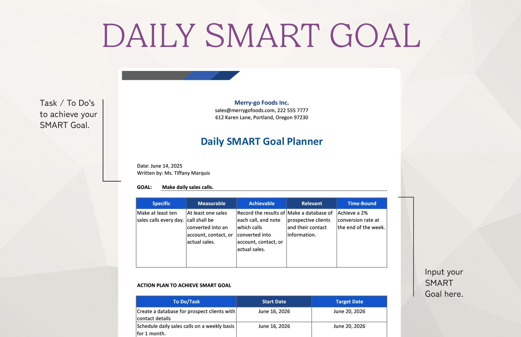 Daily Smart Goal Planner Template
