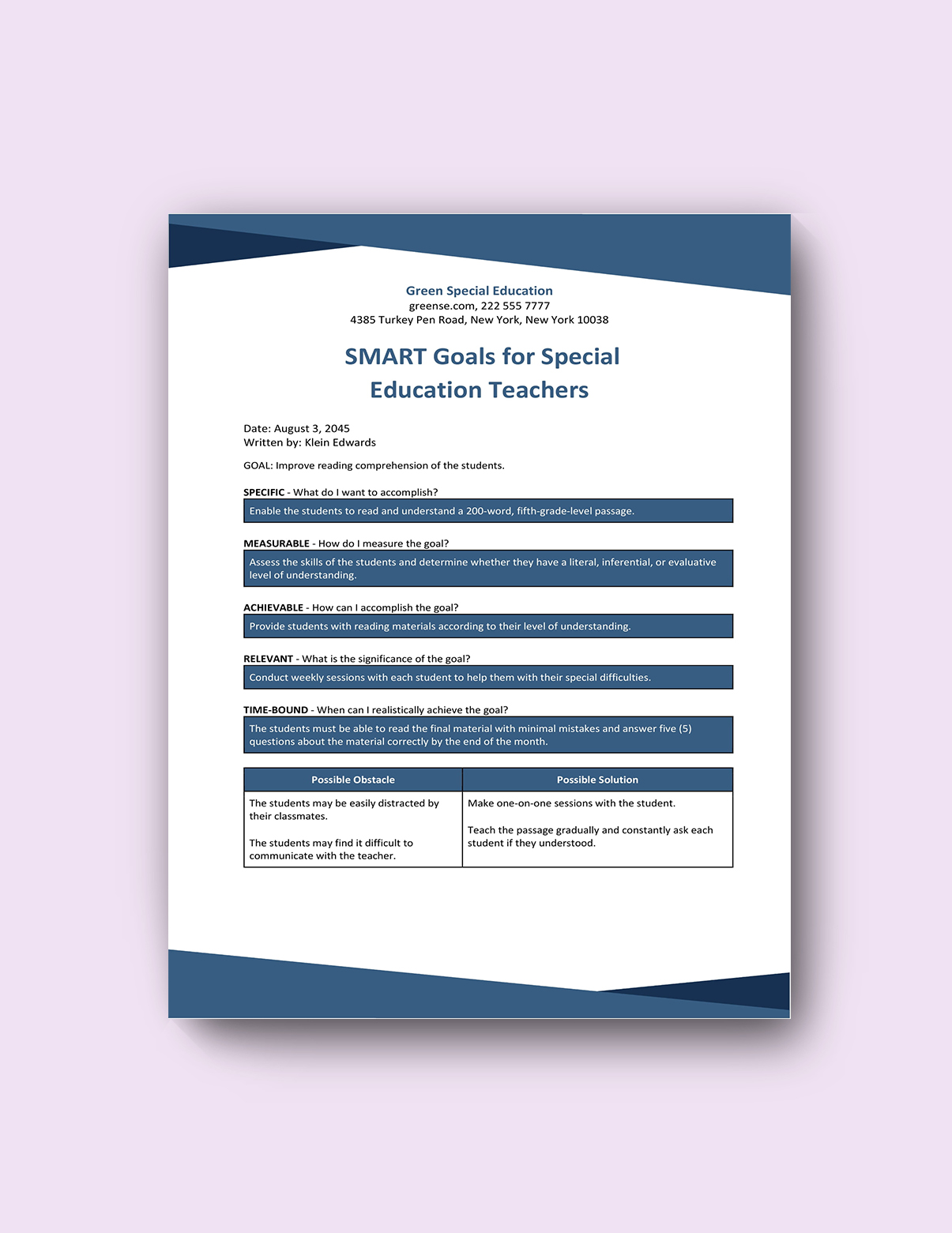 SMART Goals For Especial Education Teachers Template - Google Docs ...