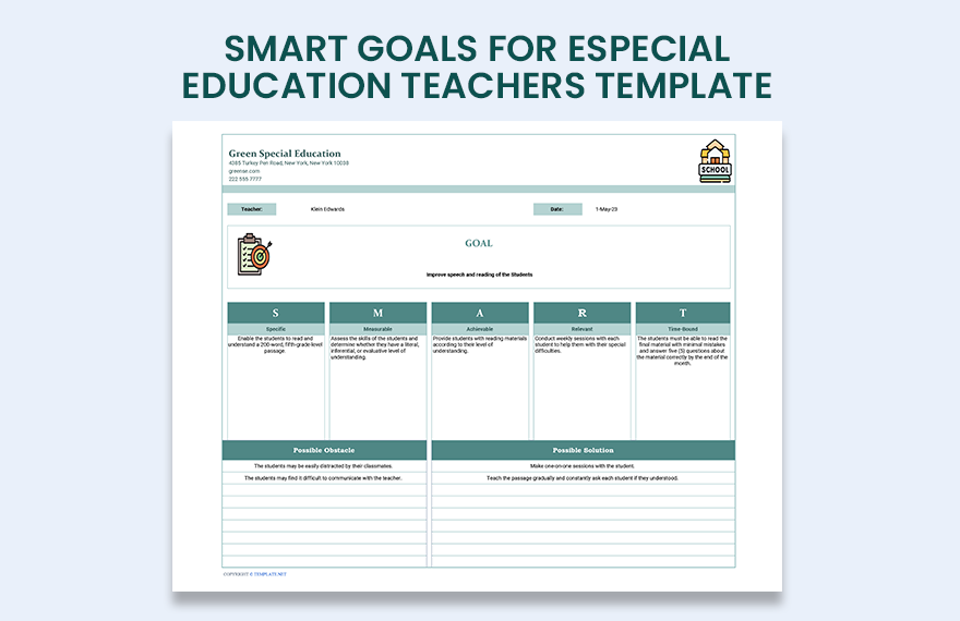 SMART Goals For Especial Education Teachers Template