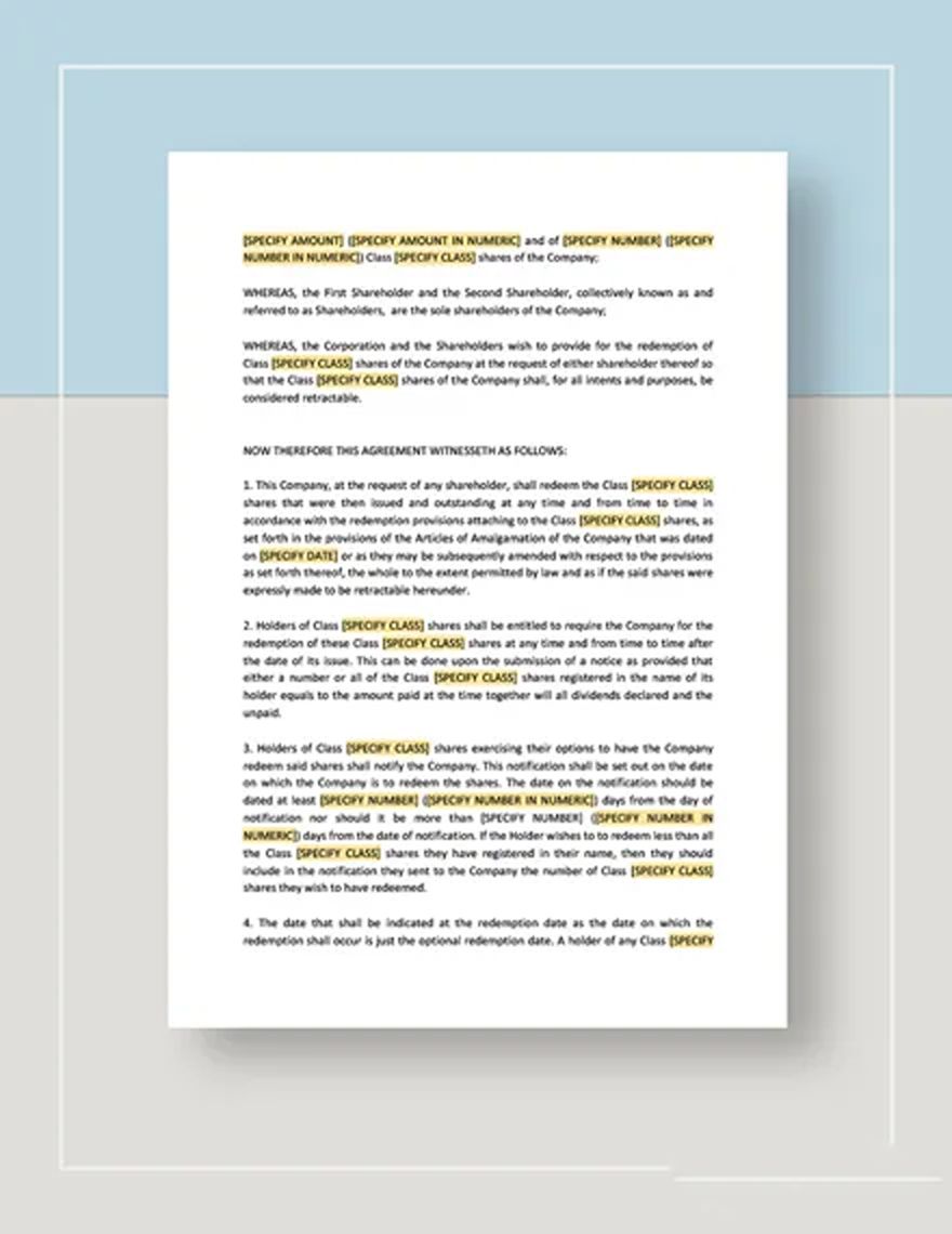 Agreement for Redemption of Preferred Shares Template Google Docs