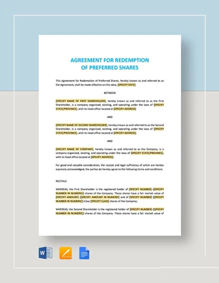 Agreement for Redemption of Preferred Shares Template in Word, Google Docs, Apple Pages