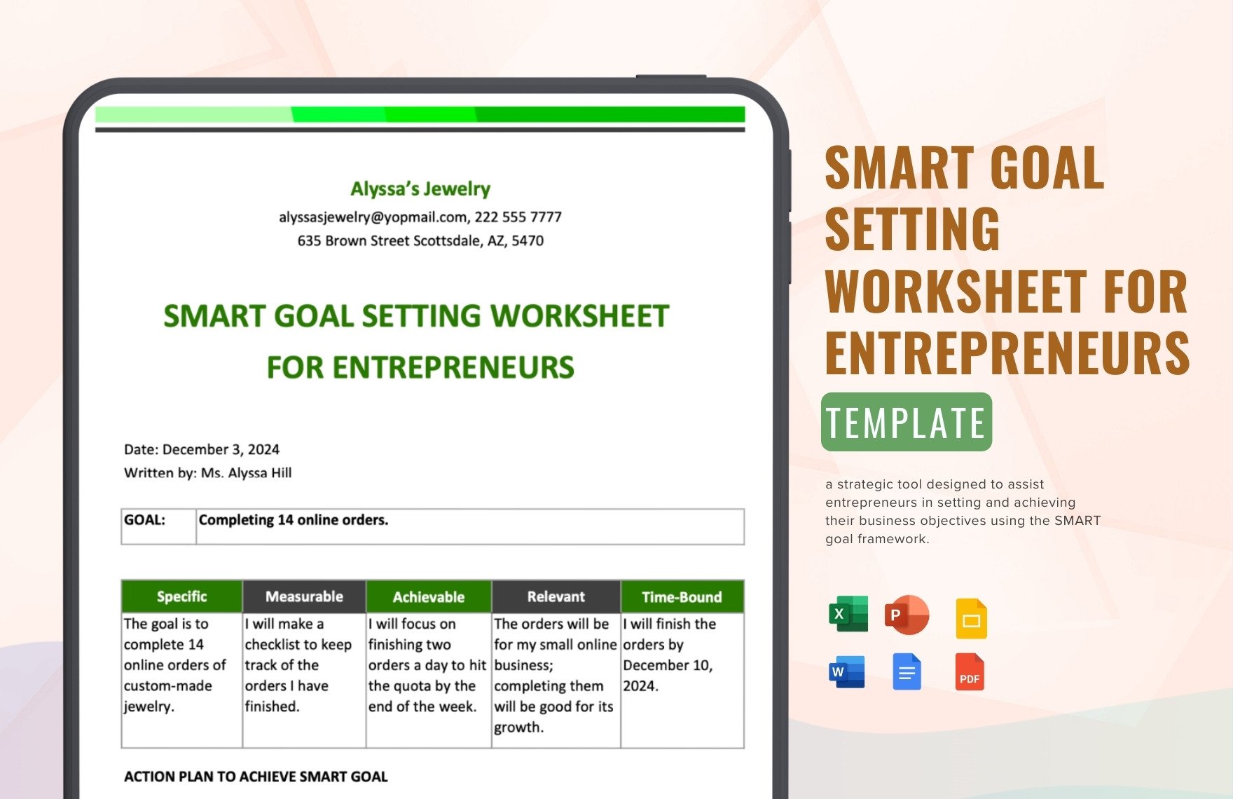Smart Goal Setting Worksheet For Entrepreneurs in Word, Google Docs, Excel, PDF, PowerPoint, Google Slides