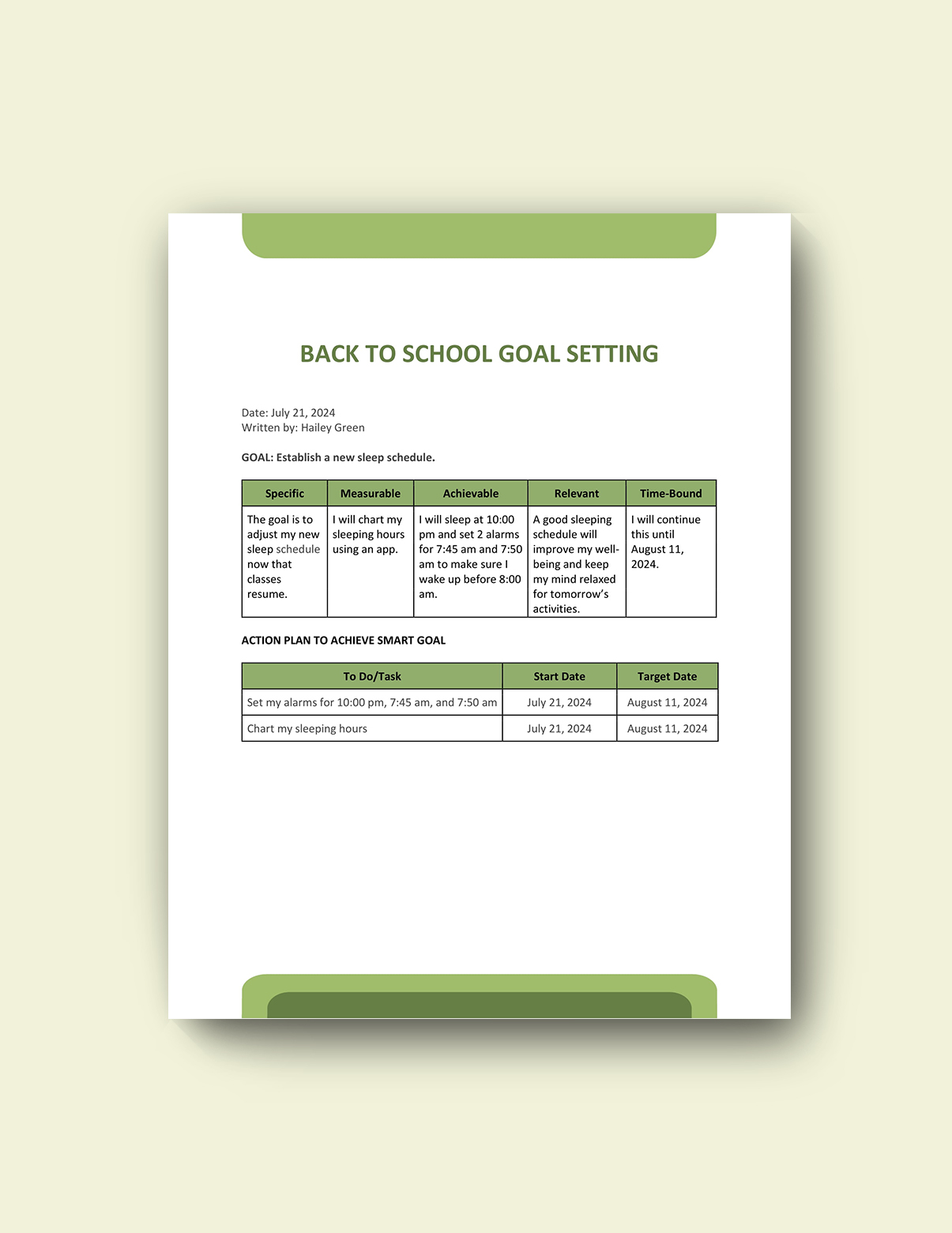 Back to School Goal Setting Template