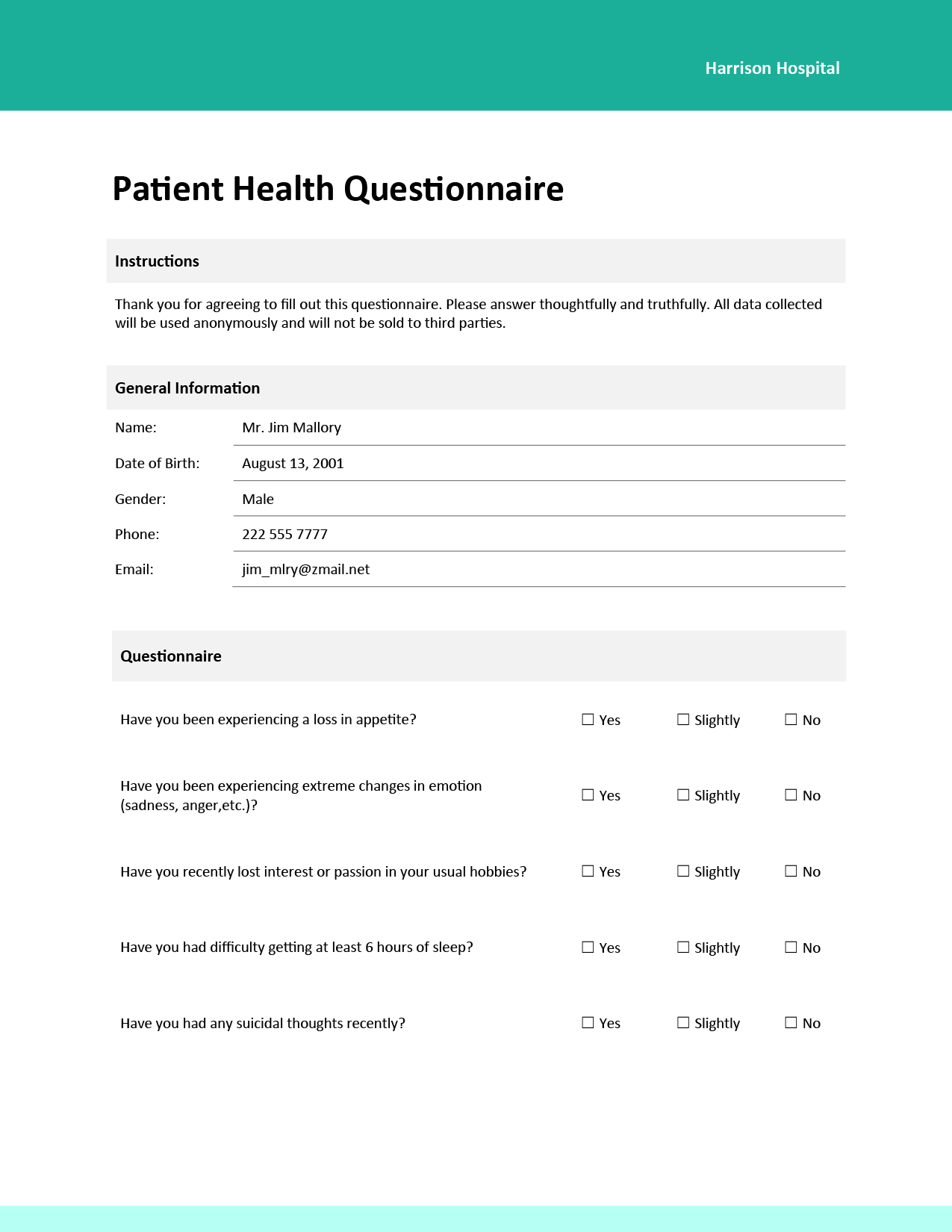 Health Questionnaire Template