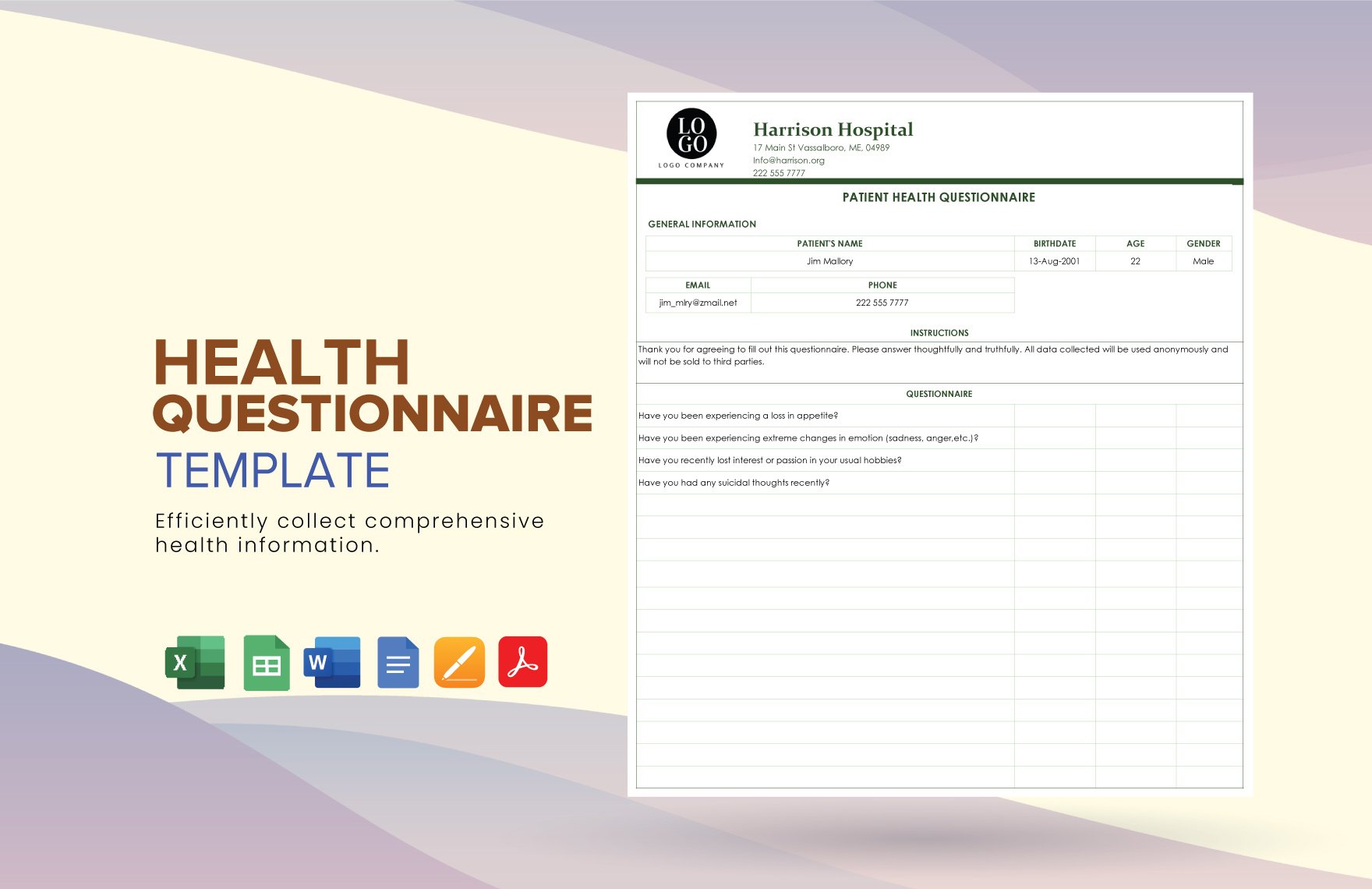 Health Questionnaire Template in Word, Google Docs, Excel, PDF, Google Sheets, Apple Pages