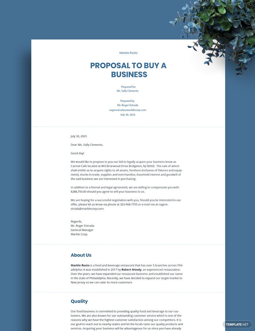 Proposal to Buy a Business Template